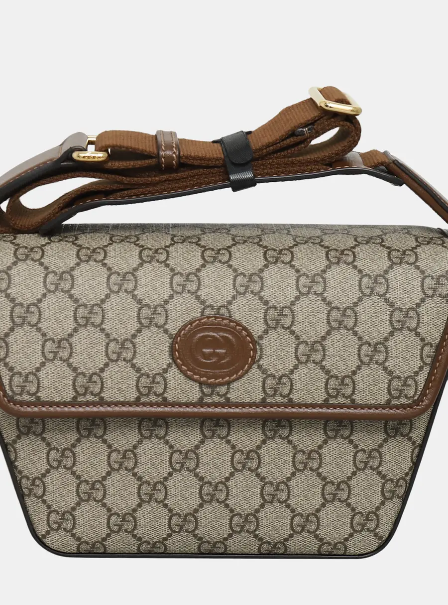 Gucci GG Supreme Small Beige Canvas Leather Crossbody Bag