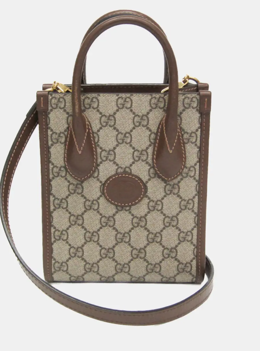 Gucci Interlocking G Leather GG Supreme Shoulder Bag Beige Brown