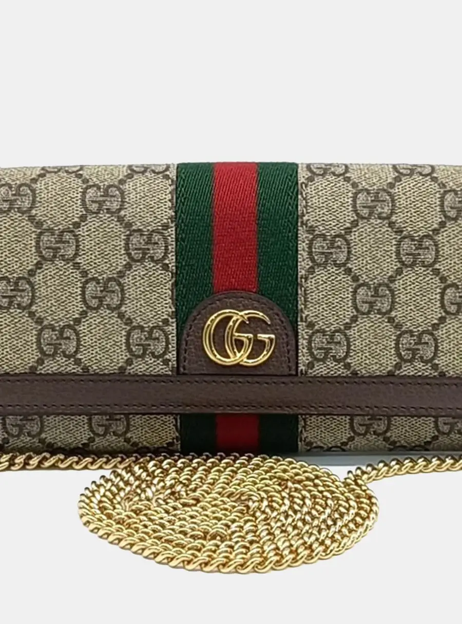 Gucci Ophidia Chain Long Wallet Beige Ebony GG Supreme Canvas and Brown Leather Wallet Bag