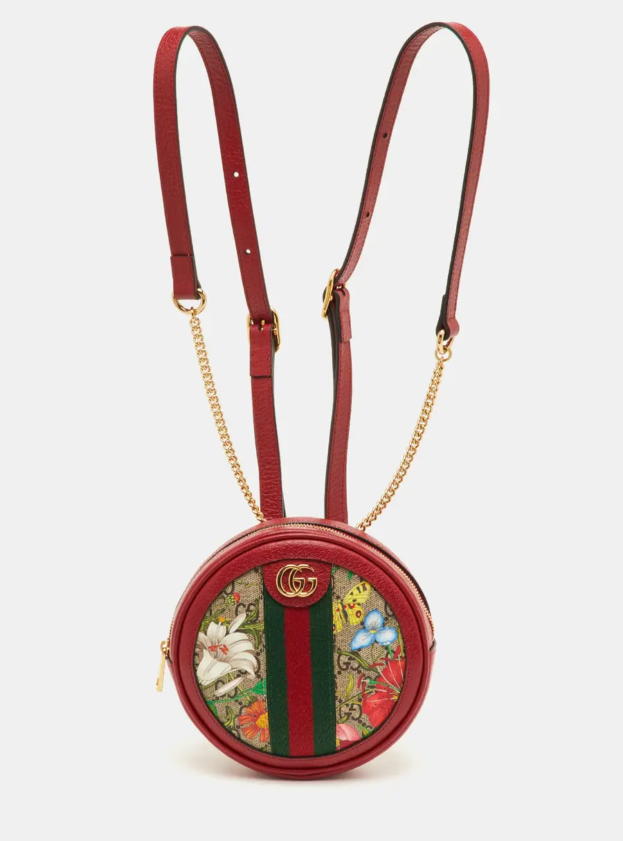 Gucci Red GG Supreme Flora Ophidia Round Coated Canvas and Leather Backpack