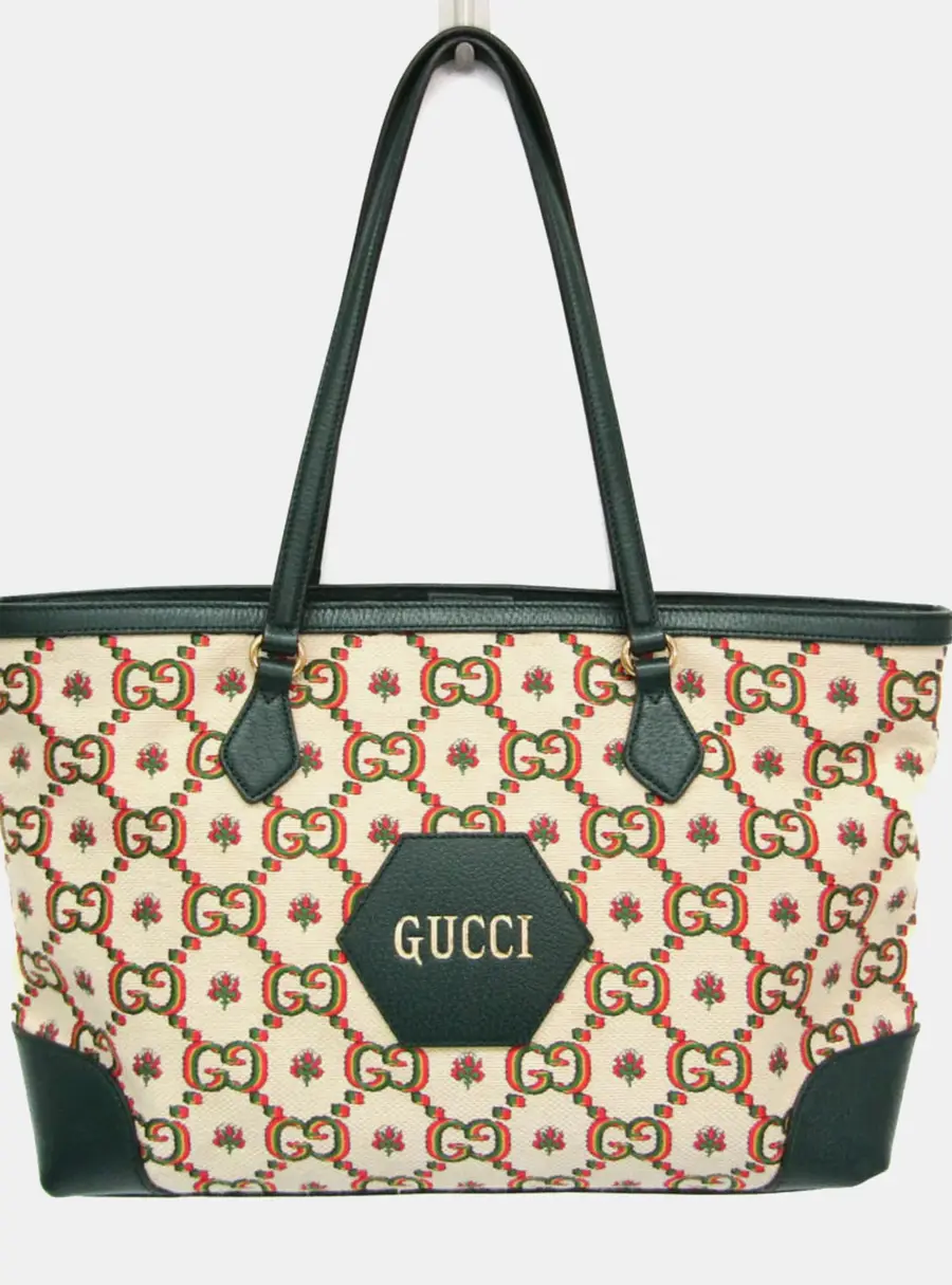 Gucci 100th Anniversary Green Beige Canvas Leather Tote Bag