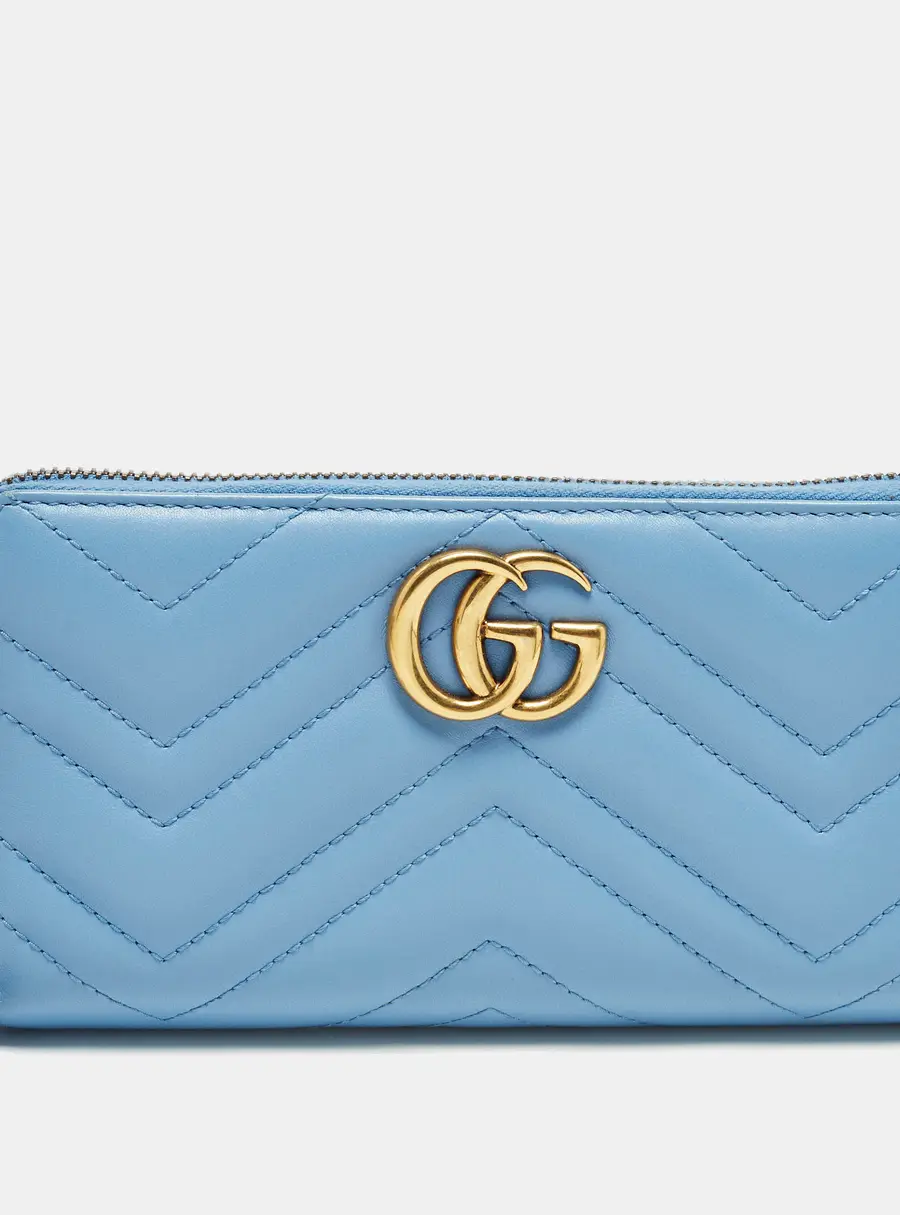 Gucci GG Marmont Blue Matelasse Leather Zip Around Wallet
