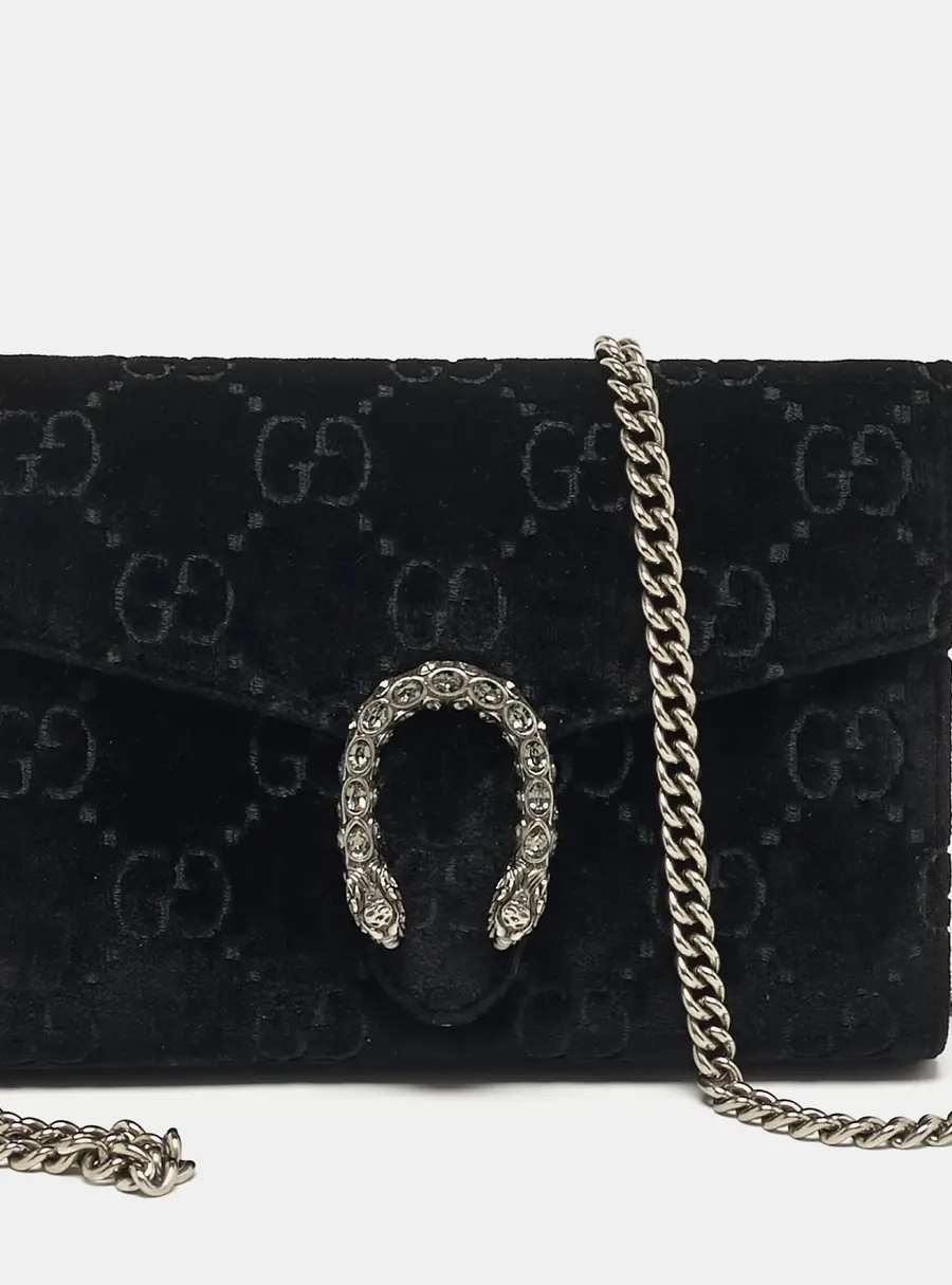Gucci Dionysus Crystal Black GG Velvet Wallet On Chain