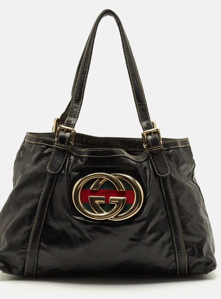 Gucci Dialux Britt Medium Black Coated Fabric and Patent Leather Tote