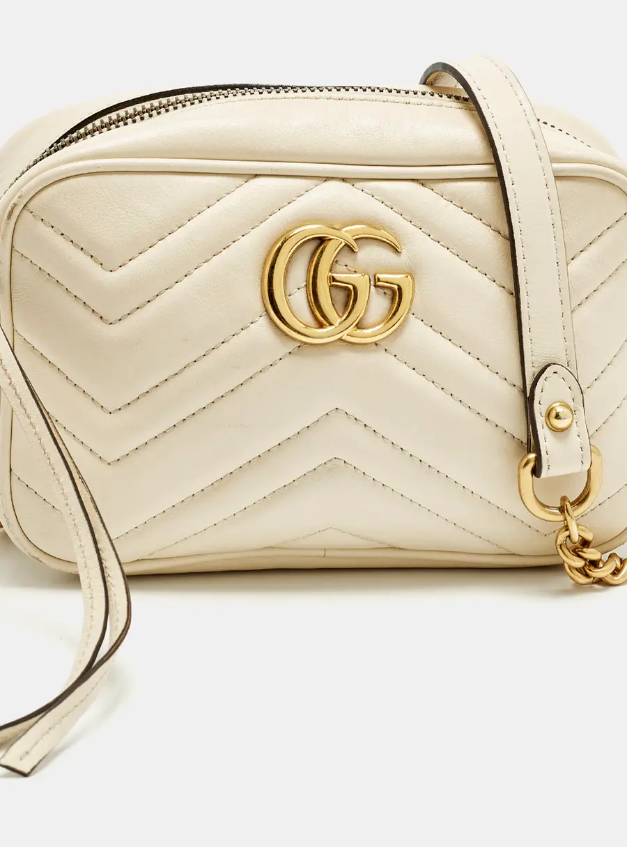Gucci GG Marmont Mini Off White Matelass&eacute; Leather Camera Bag