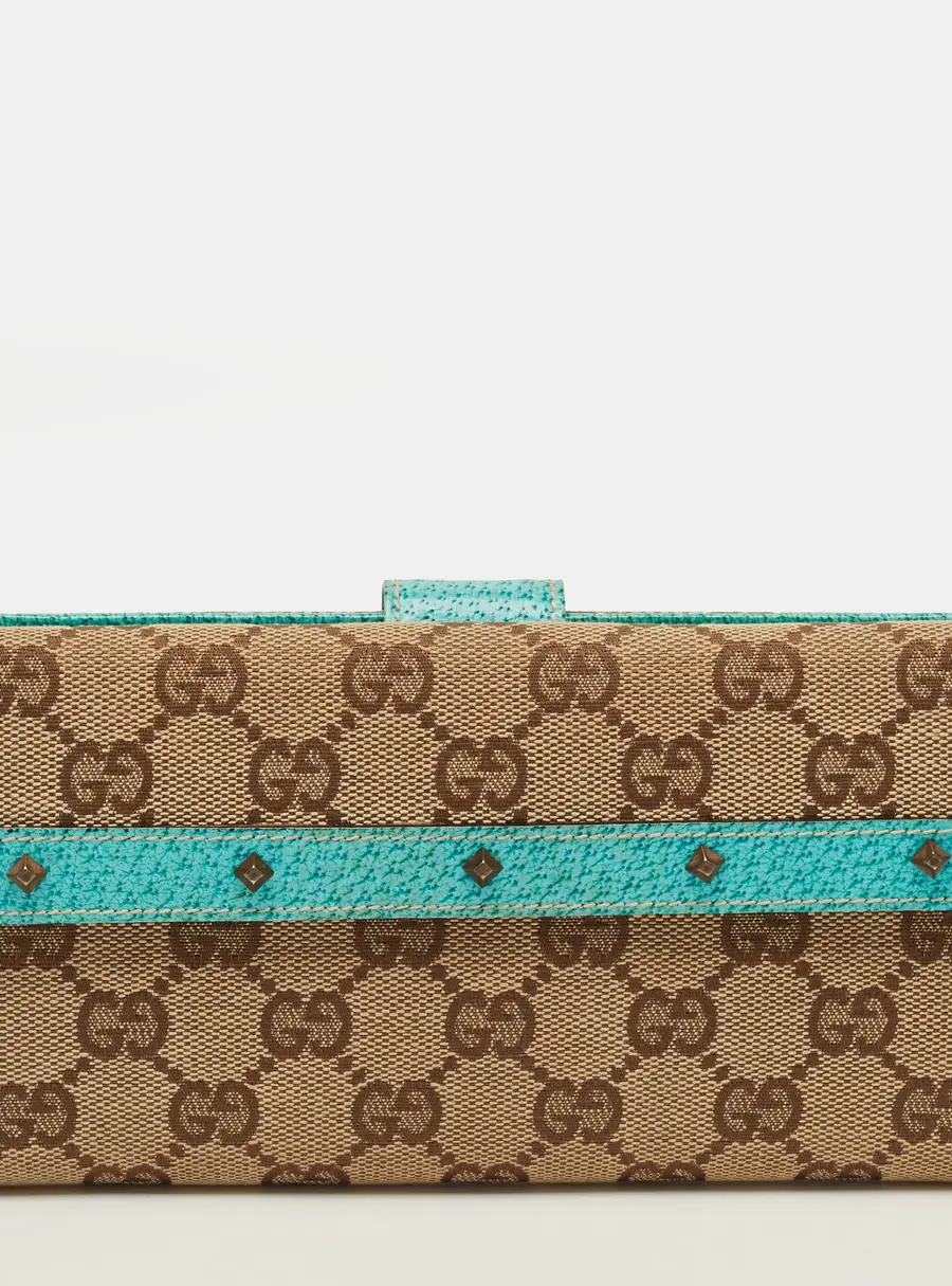 Gucci Studded Flap Beige/Turquoise GG Canvas and Leather French Continental Wallet