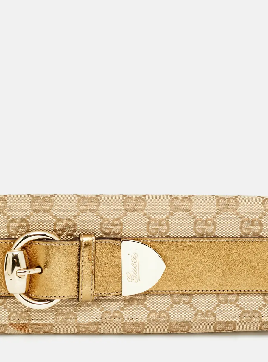 Gucci Romy Buckle Beige/Bronze GG Canvas and Leather Clutch