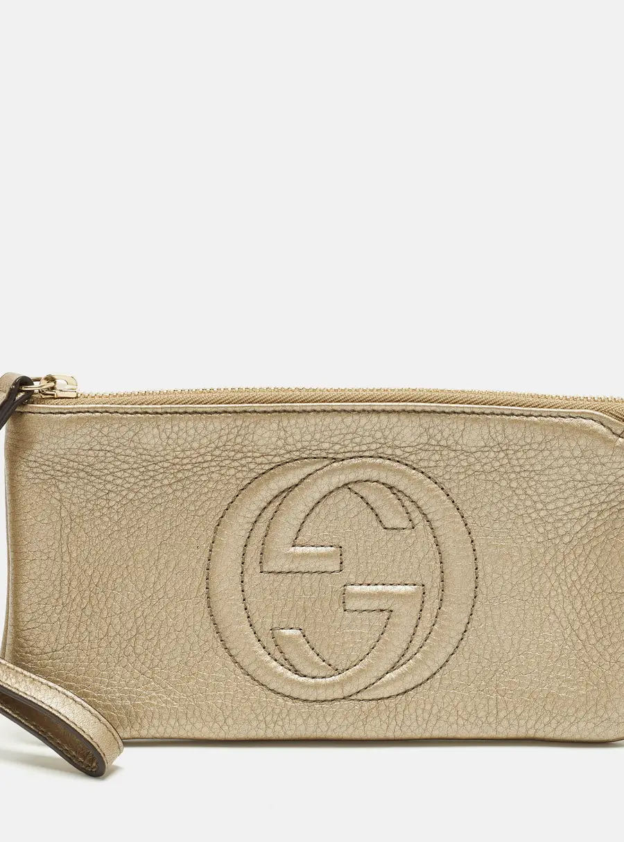 Gucci Soho Metallic Beige Leather Wristlet Clutch