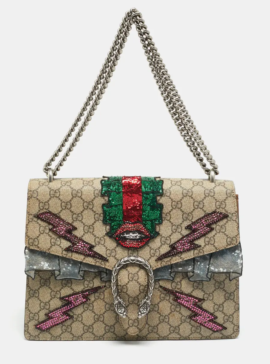 Gucci Embellished Patch Dionysus Medium Beige GG Supreme Canvas and Suede Shoulder Bag