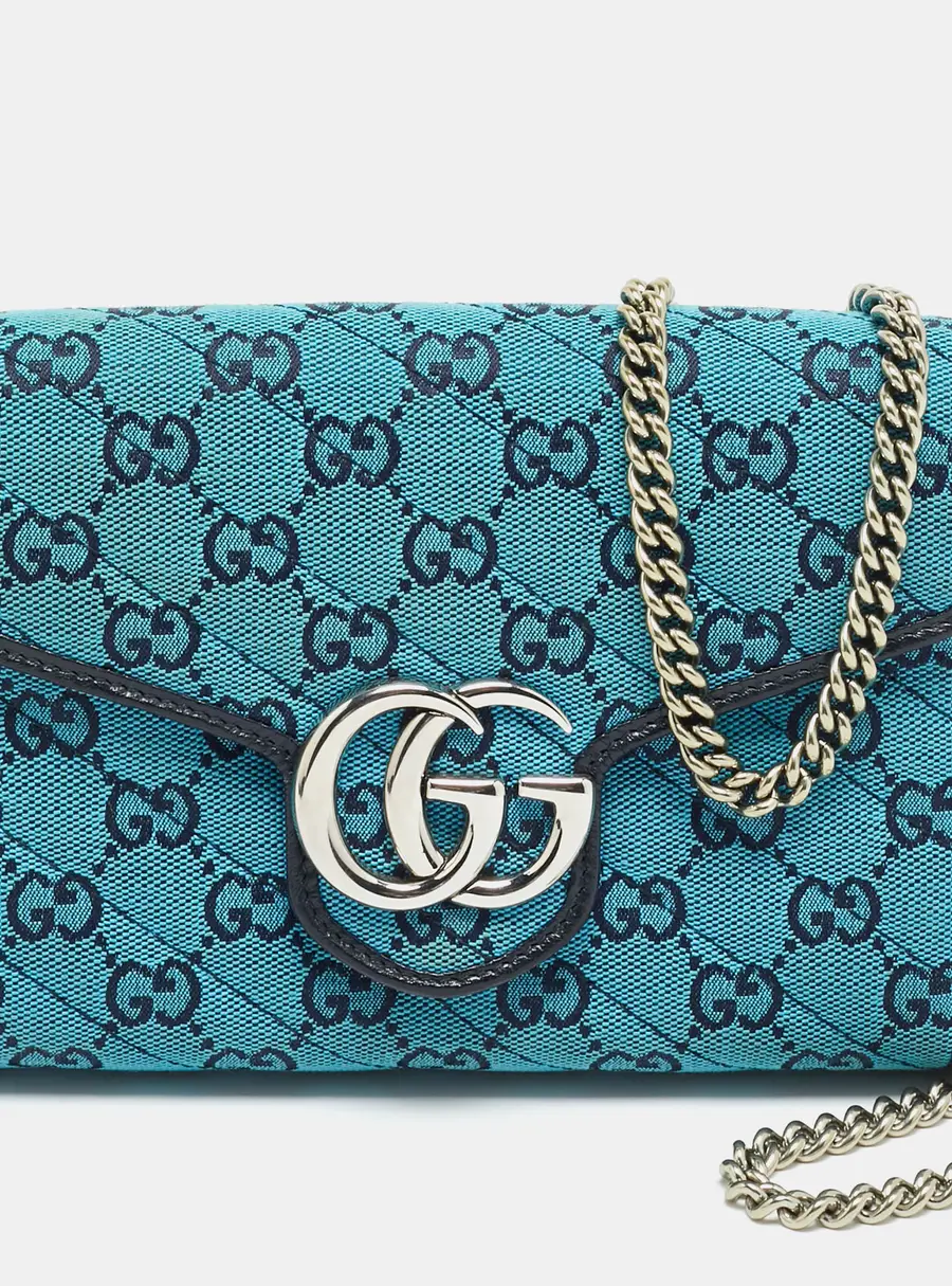 Gucci GG Marmont Blue/Black GG Diagonal Quilt Canvas and Leather Wallet on Chain