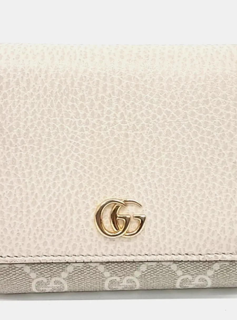 Gucci GG Marmont 598587 Wallet Beige Grained Leather Monogram Canvas Half Wallet