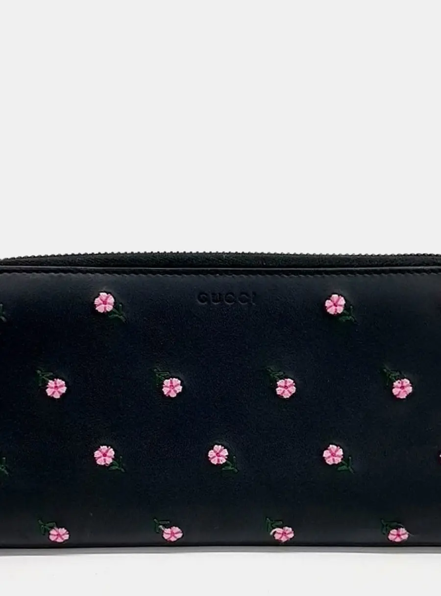 Gucci 428785 Long Wallet Black Leather Embroidered Wallet