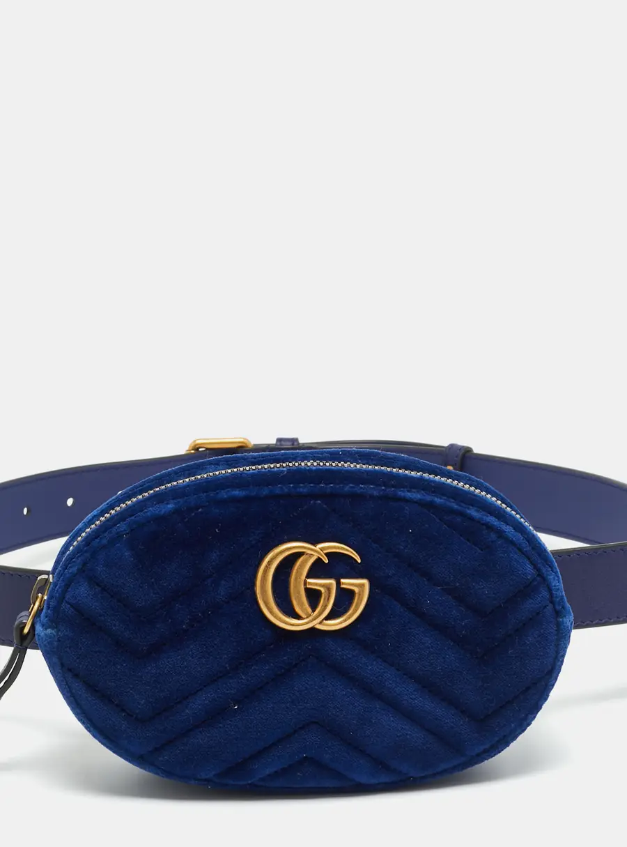 Gucci GG Marmont Blue Matelass&eacute; Velvet Belt Bag