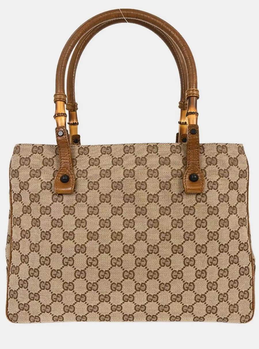 Gucci Brown Beige Bamboo GG Tote Bag