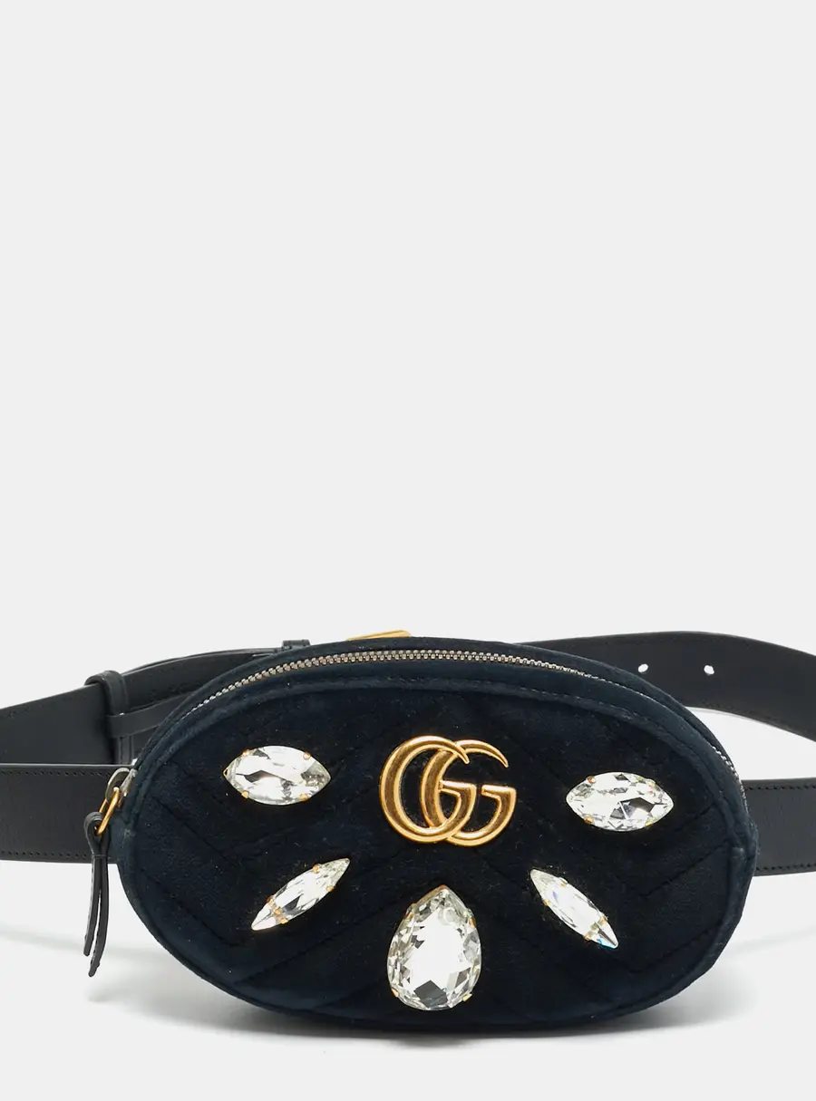 Gucci GG Marmont Crystals Black Matelass&eacute; Velvet and Leather Belt Bag