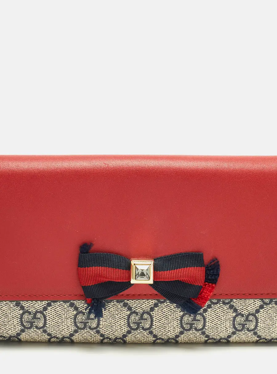 Gucci Bow Crystal Embellished Red/Blue GG Supreme Canvas and Leather Continental Wallet