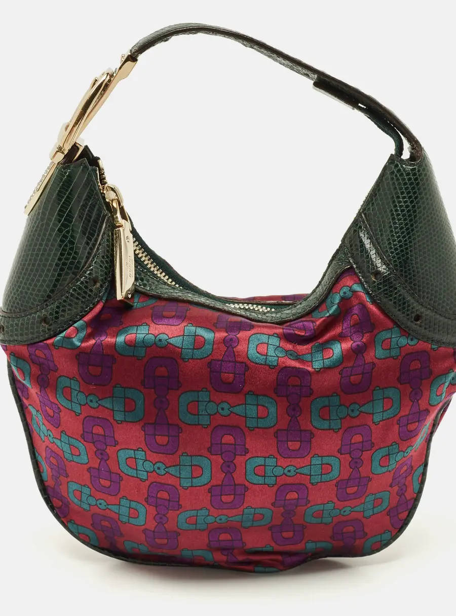 Gucci Glam Green Horsebit Print Satin and Lizard Hobo