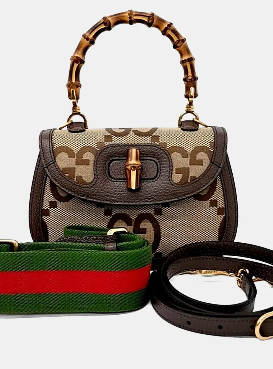 Gucci Bamboo 1947 Small Brown Monogram Fabric Leather Top Handle Bag