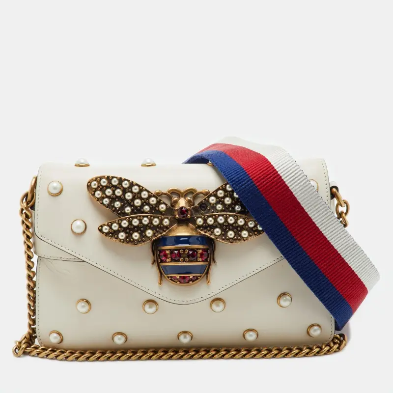 Gucci Cream Leather Mini Faux Pearl Studded Broadway Bee Shoulder Bag
