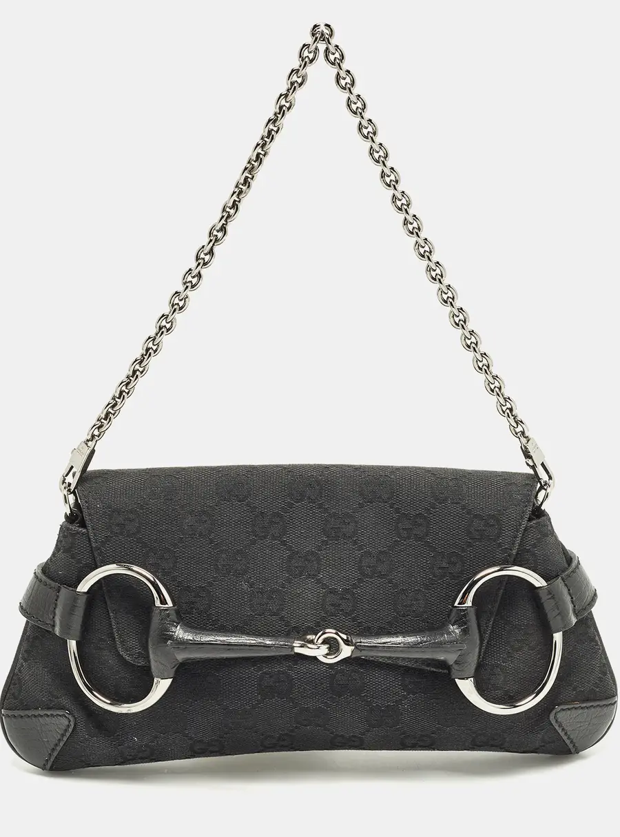 Gucci Horsebit Black GG Canvas and Leather Chain Clutch