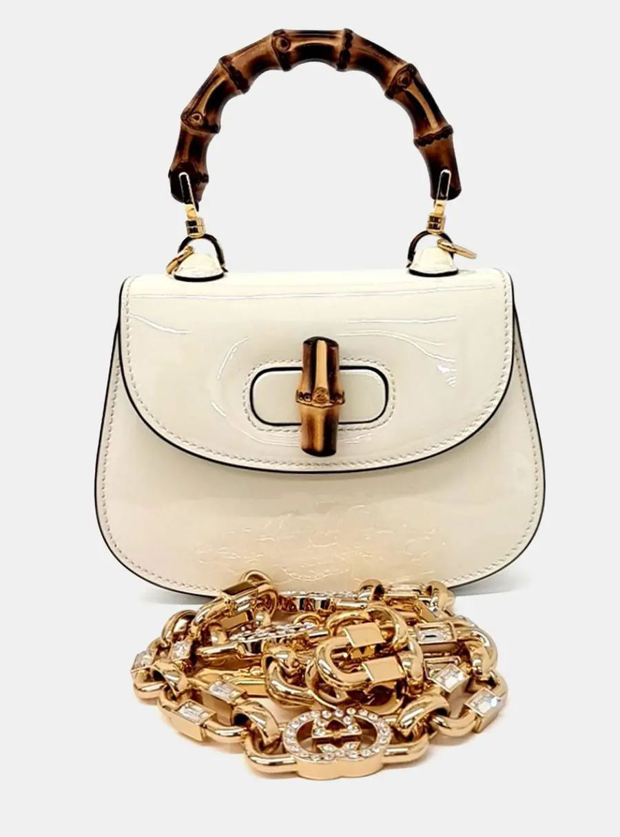 Gucci 1947 Mini White Patent Leather Top Handle Bag