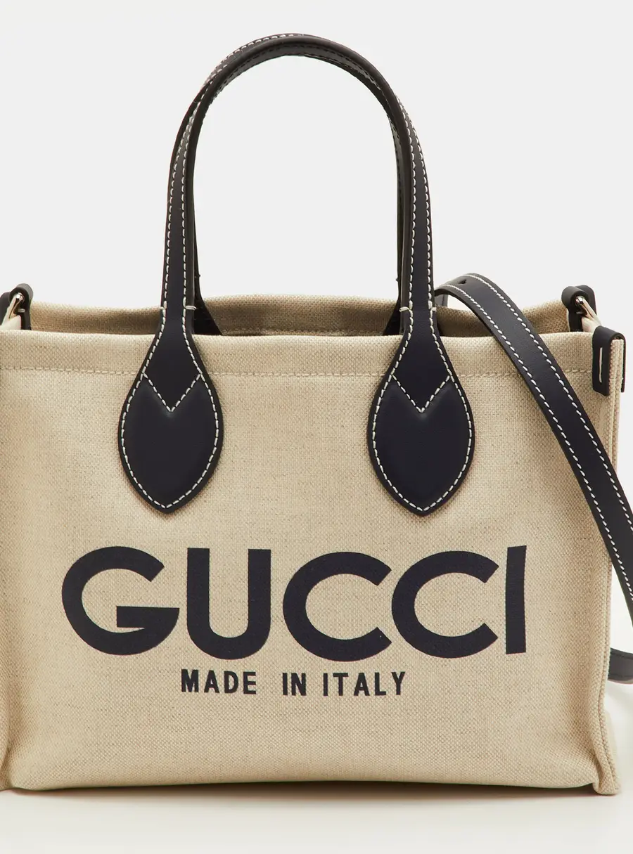 Gucci Logo Print Beige/Navy Blue Canvas and Leather Limited Edition Tote