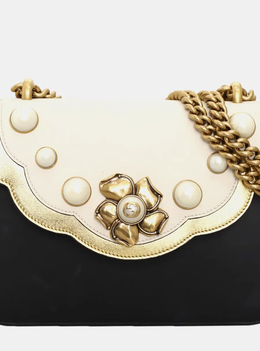 Gucci Pearly Peony Mini Black White Gold Leather Shoulder Bag