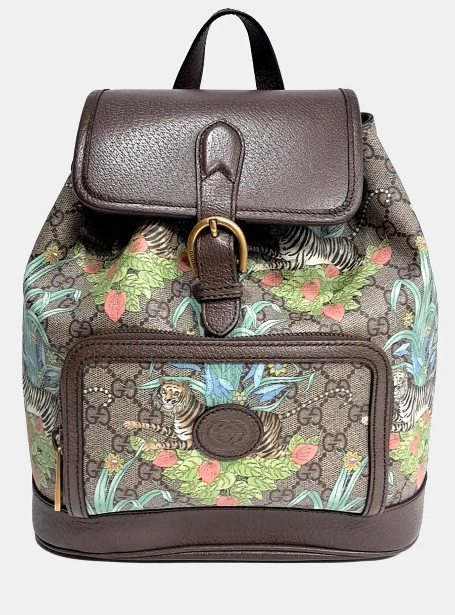 Gucci Tiger Interlocking Brown Mini GG Coated Canvas Leather Backpack Bag