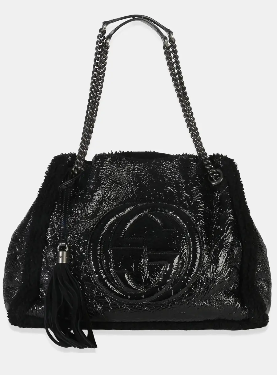 Gucci Soho Medium Black Patent Shearling Hobo Bag