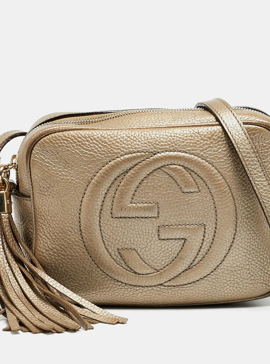Gucci Soho Disco Camera Metallic Beige Leather Crossbody Bag