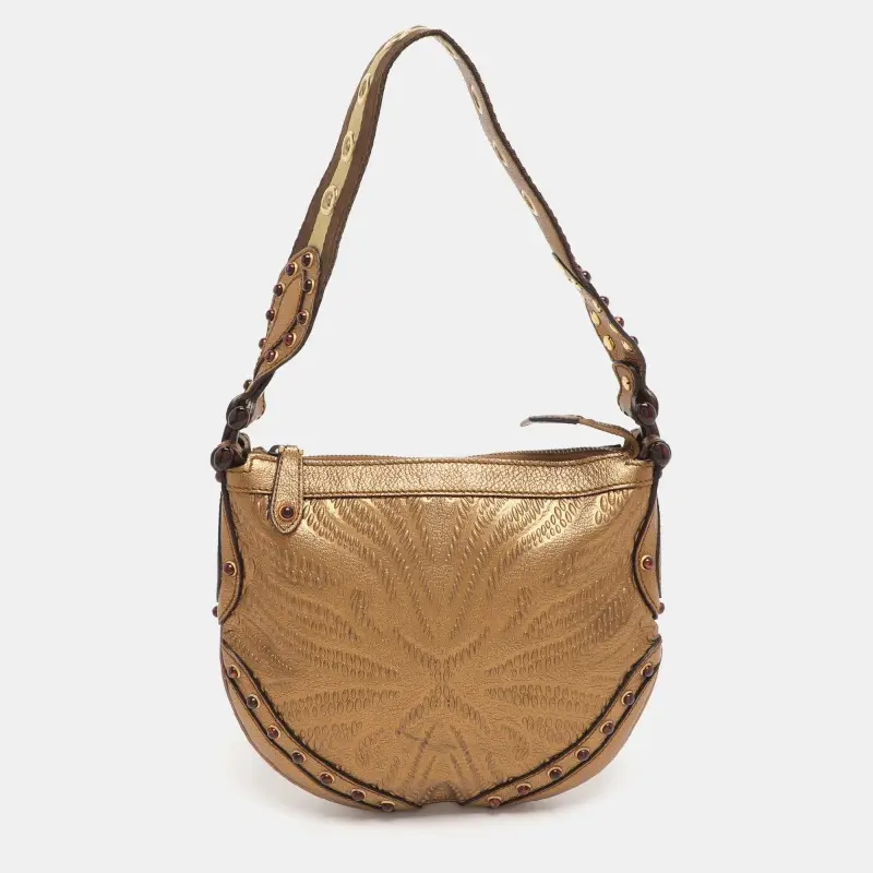 Gucci Gold Embossed Leather Small Studded Pelham Hobo