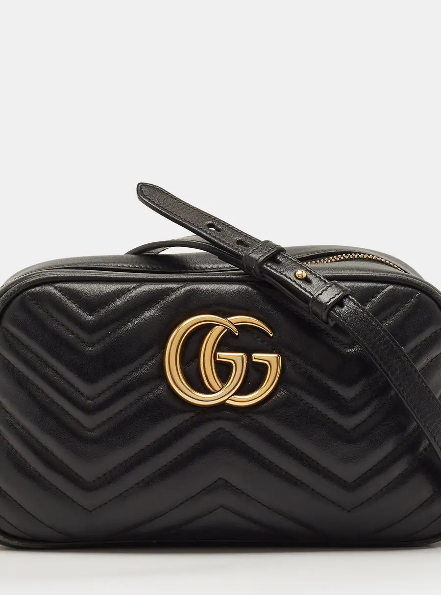 Gucci GG Marmont Small Black Matelass&eacute; Leather Camera Bag
