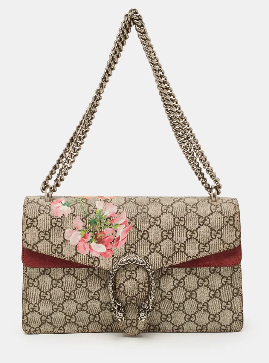 Gucci Dionysus Beige/Burgundy GG Supreme Blooms Canvas and Suede Shoulder Bag