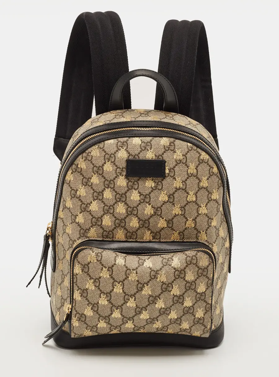 Gucci Day Bees Small Black/Beige GG Supreme Canvas and Leather Backpack