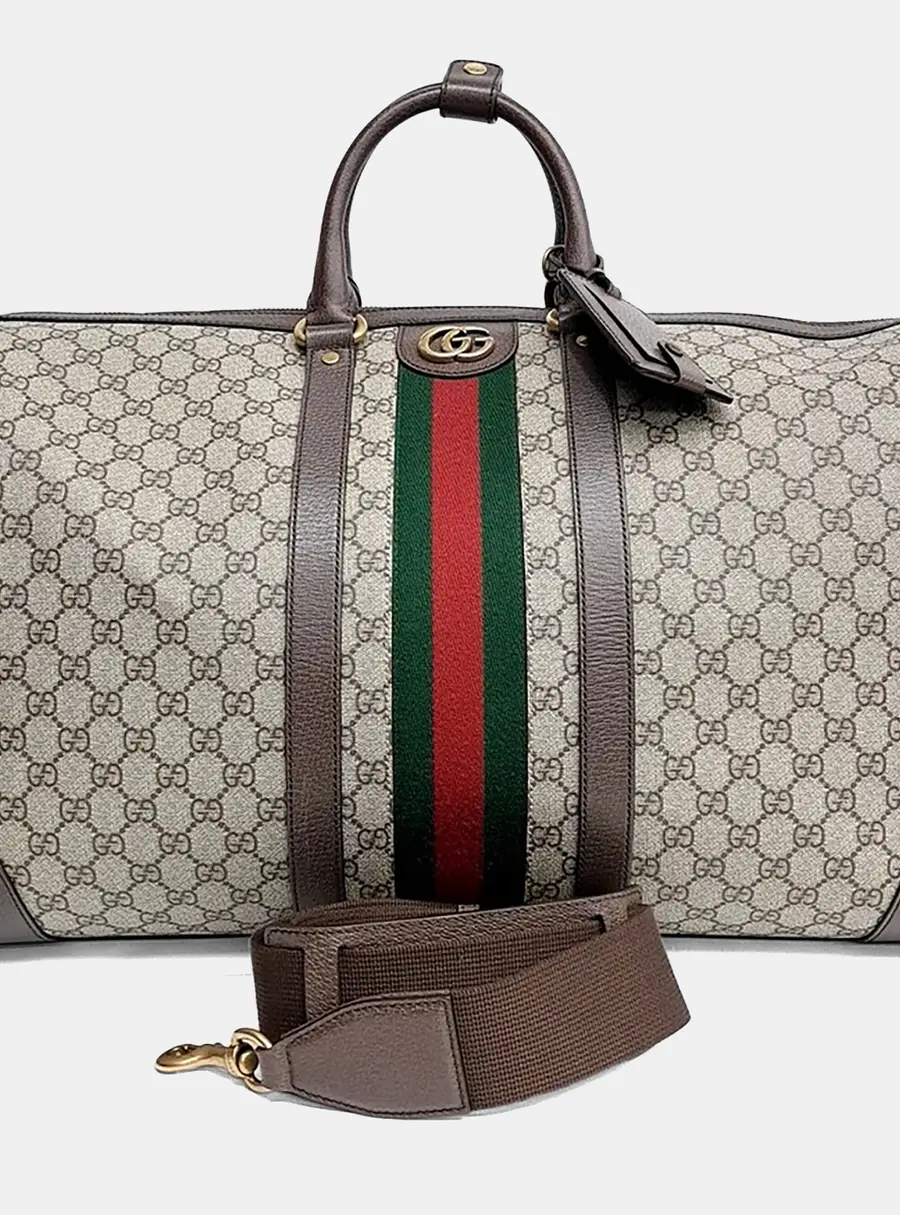 Gucci Savoy Large Beige Ebony GG Supreme Canvas Brown Leather Duffle Bag