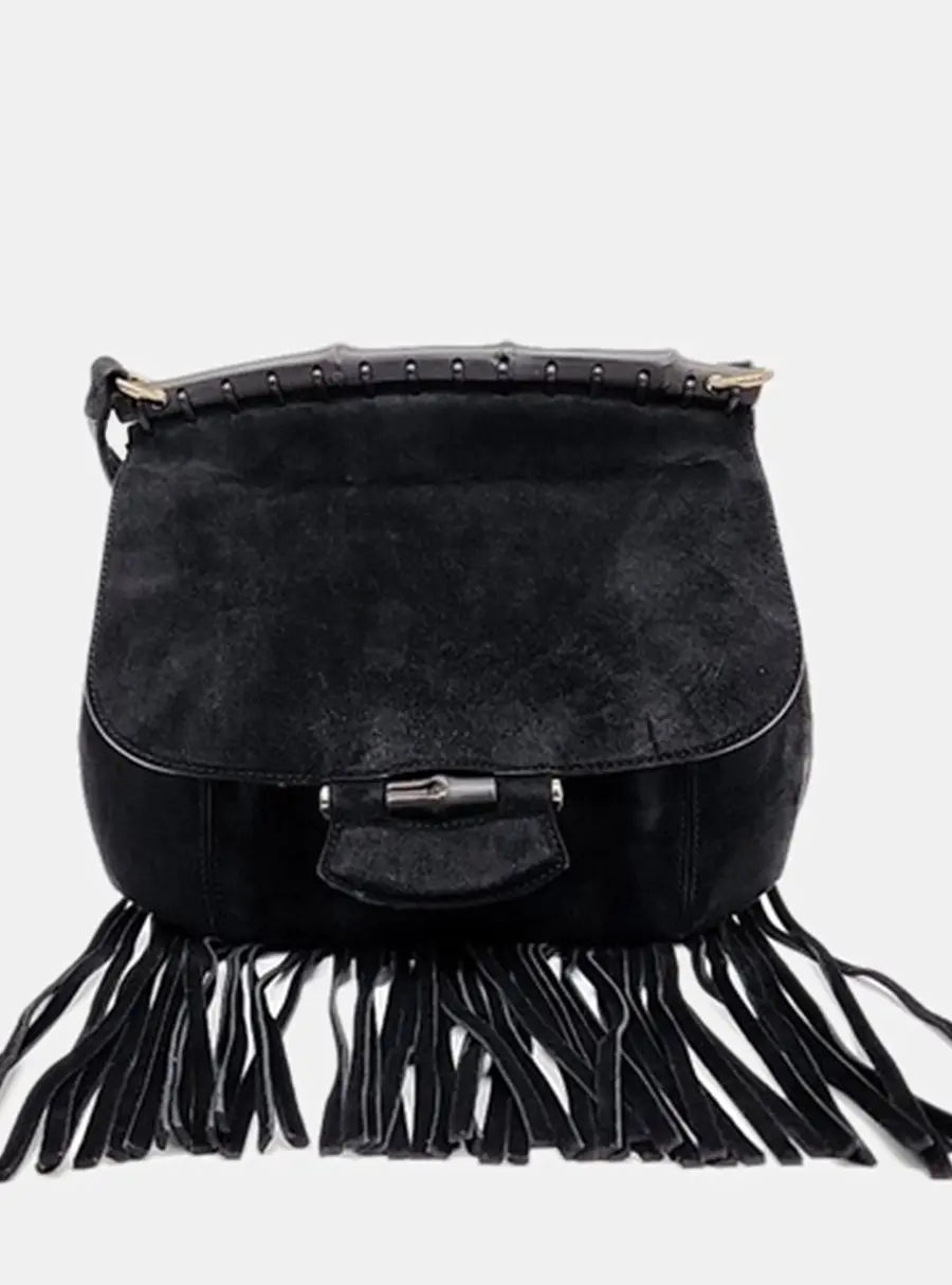 Gucci Suede Bamboo Fringe Crossbody Bag (347099)