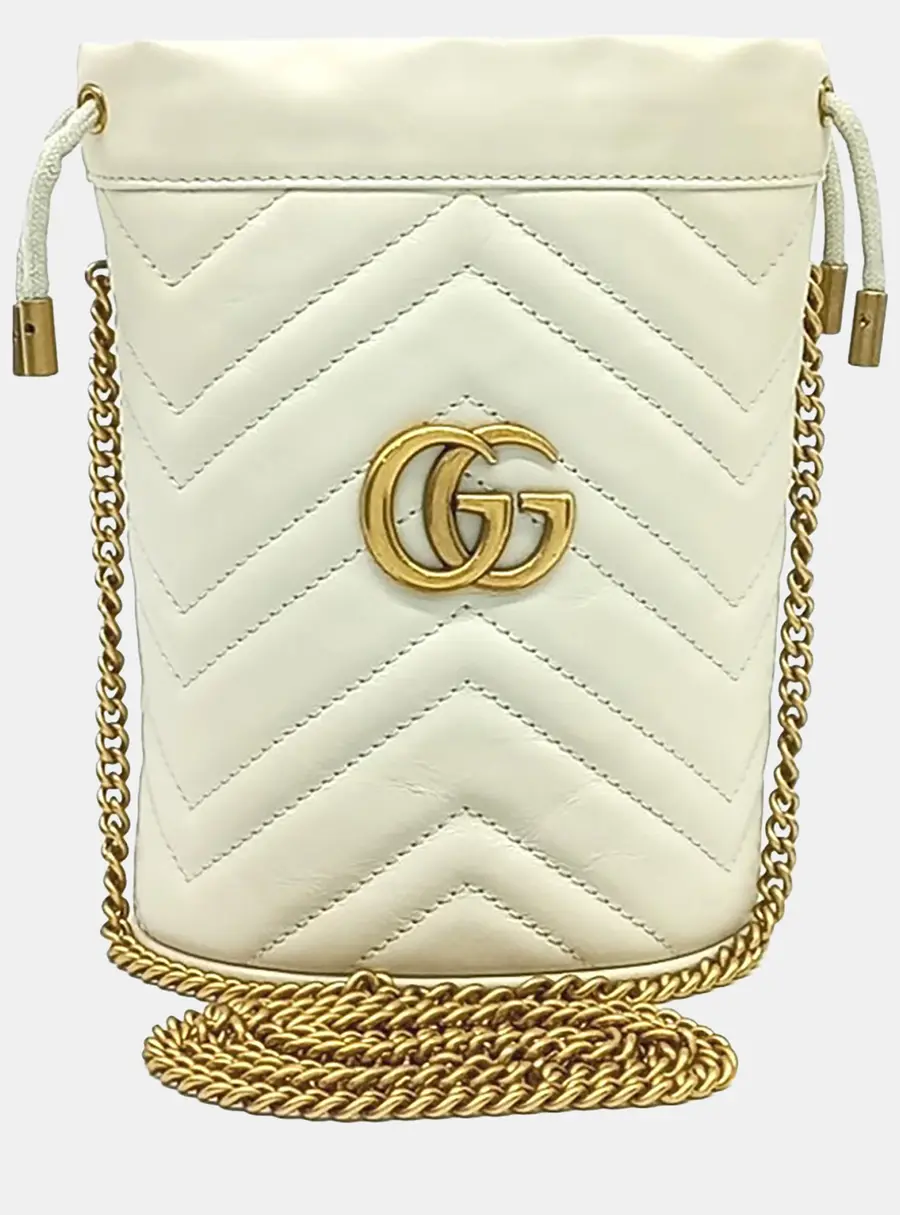 Gucci GG Marmont White Leather Mini Drawstring Bucket Bag (575163)