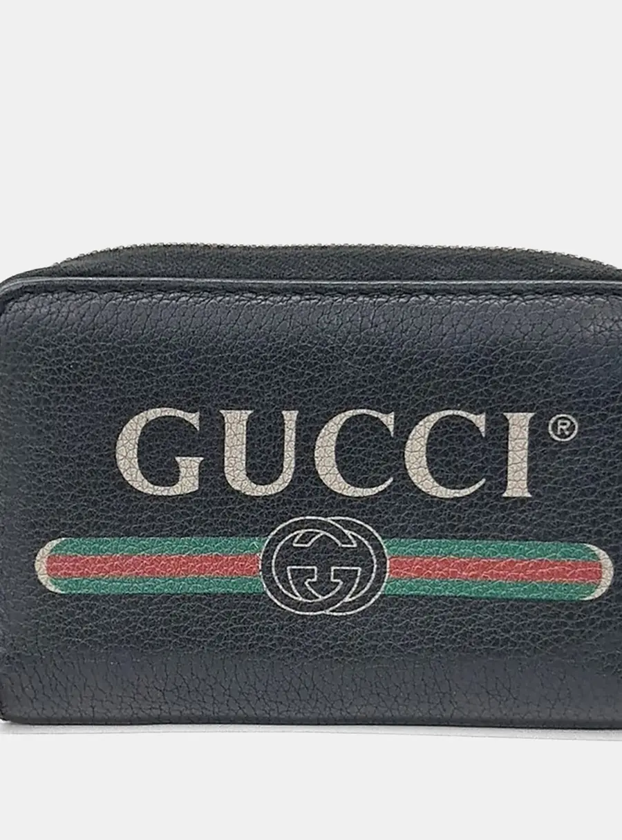 Gucci Logo Print Black Grained Leather Wallet