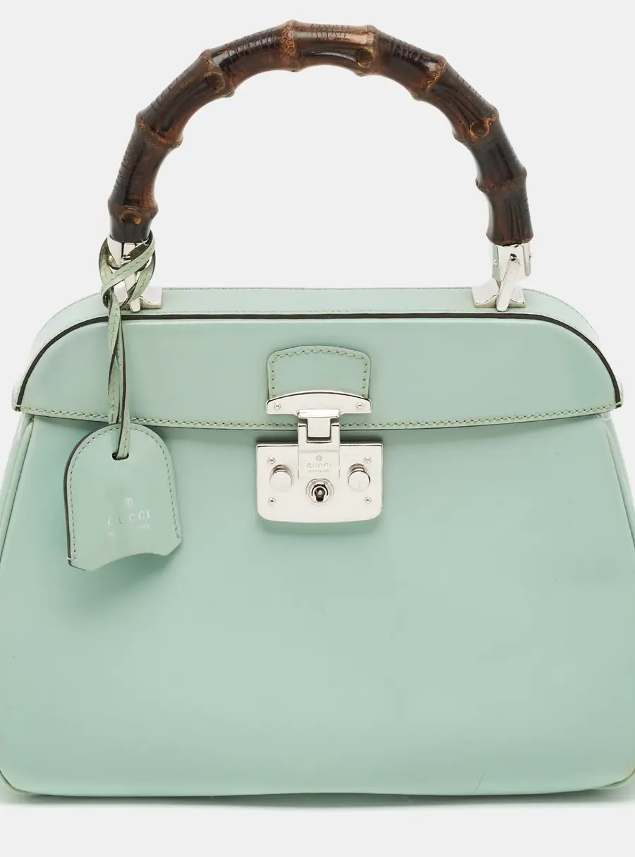 Gucci Bamboo Lady Lock Medium Mint Green Glazed Leather Top Handle Bag