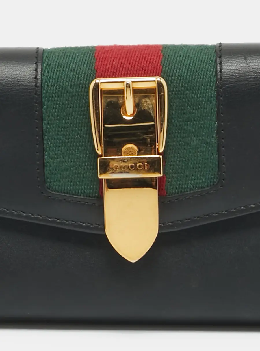 Gucci Sylvie Black Leather and Web Canvas Trifold Wallet