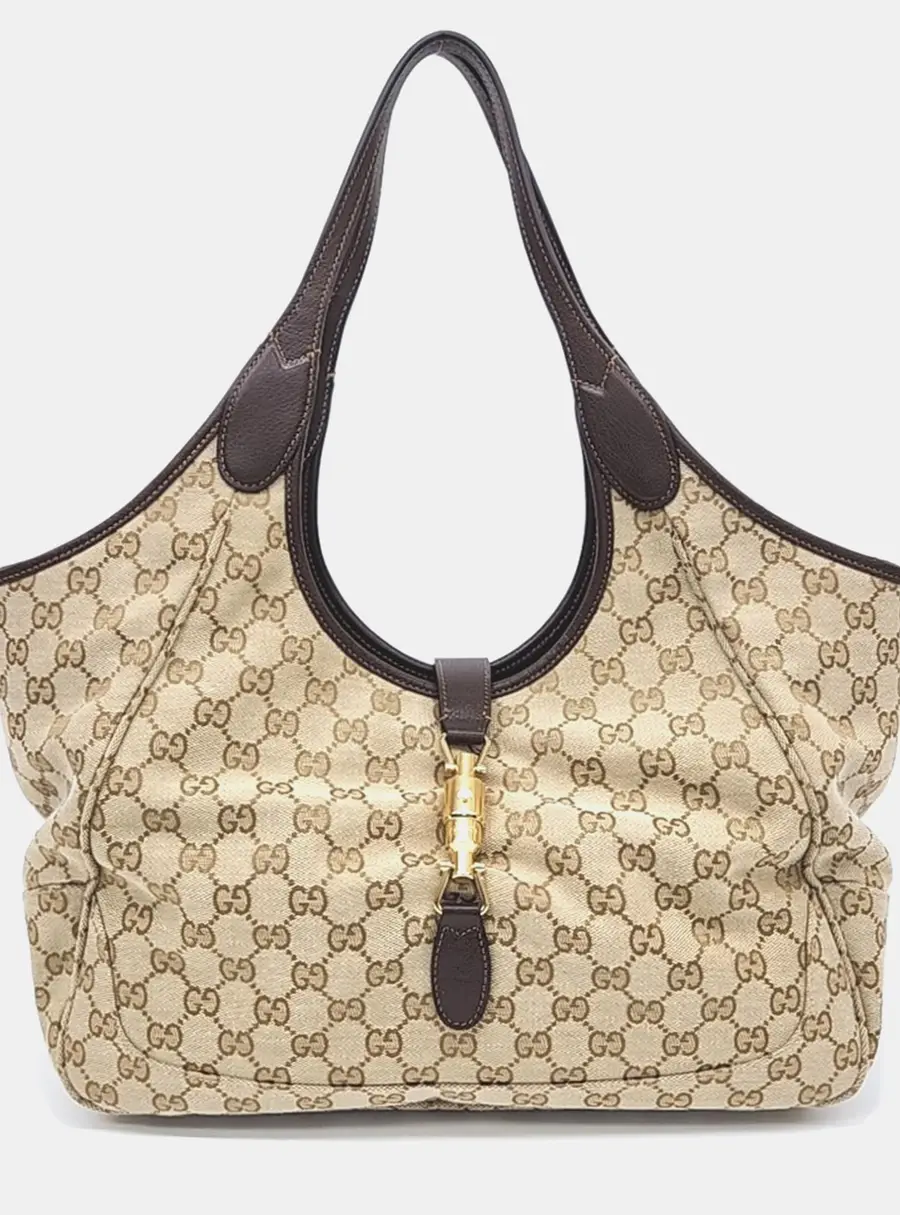 Gucci Mercato Medium Beige Brown GG Canvas Leather Tote Bag