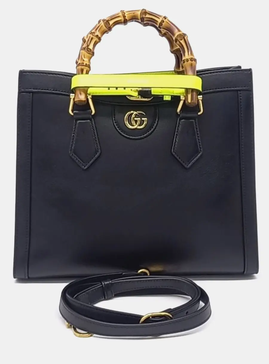 Gucci Black Leather Diana Bamboo Tote Bag Small