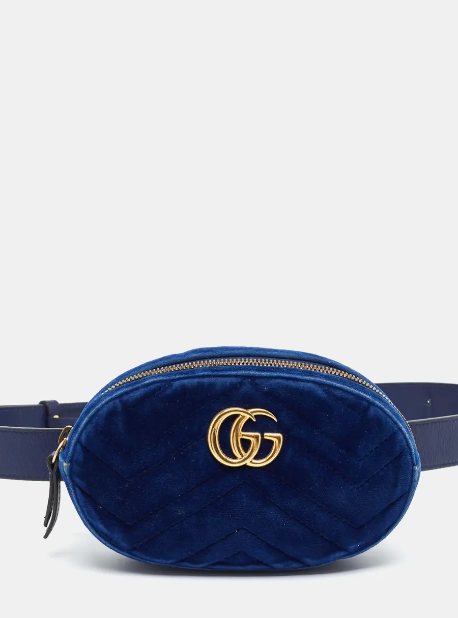 Gucci GG Marmont Mini Navy Blue Matelass&eacute; Leather and Velvet Belt Bag