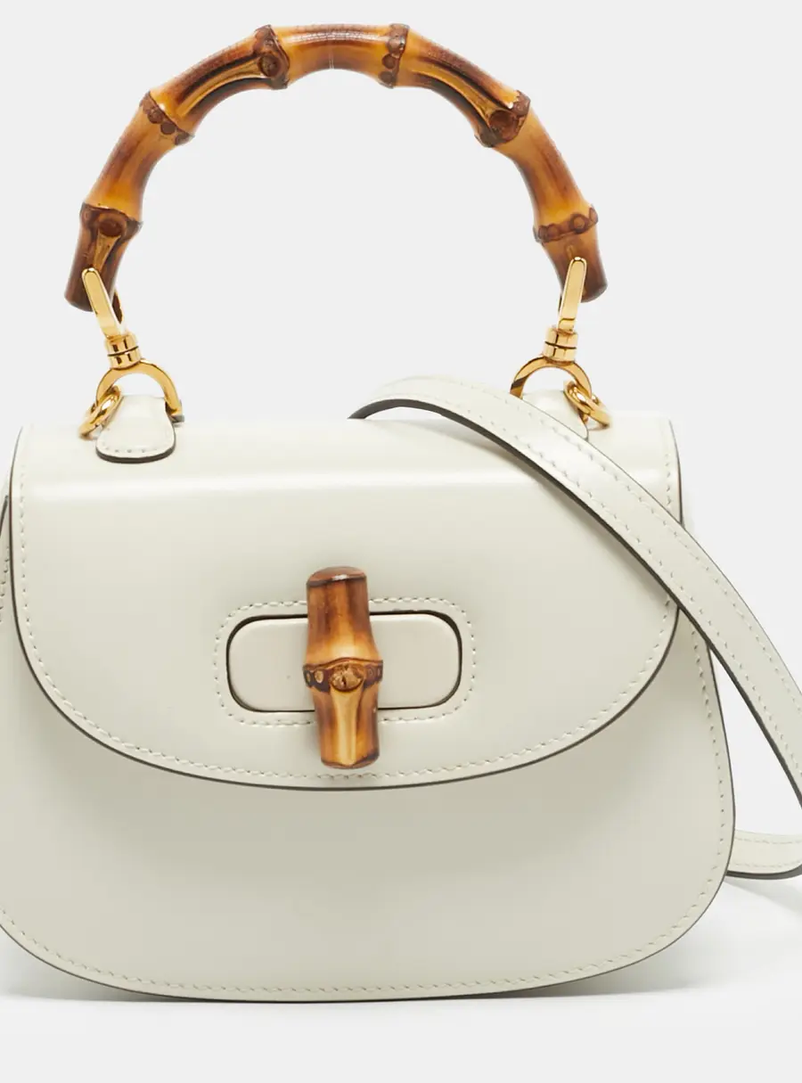 Gucci 1947 Bamboo Mini White Leather Top Handle Bag