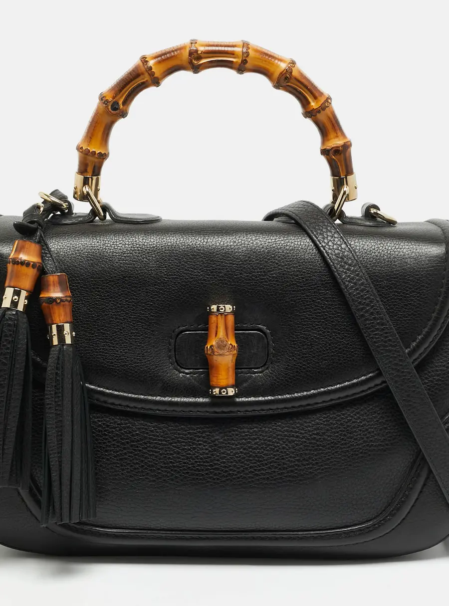 Gucci New Bamboo Tassel Large Black Leather Top Handle Bag