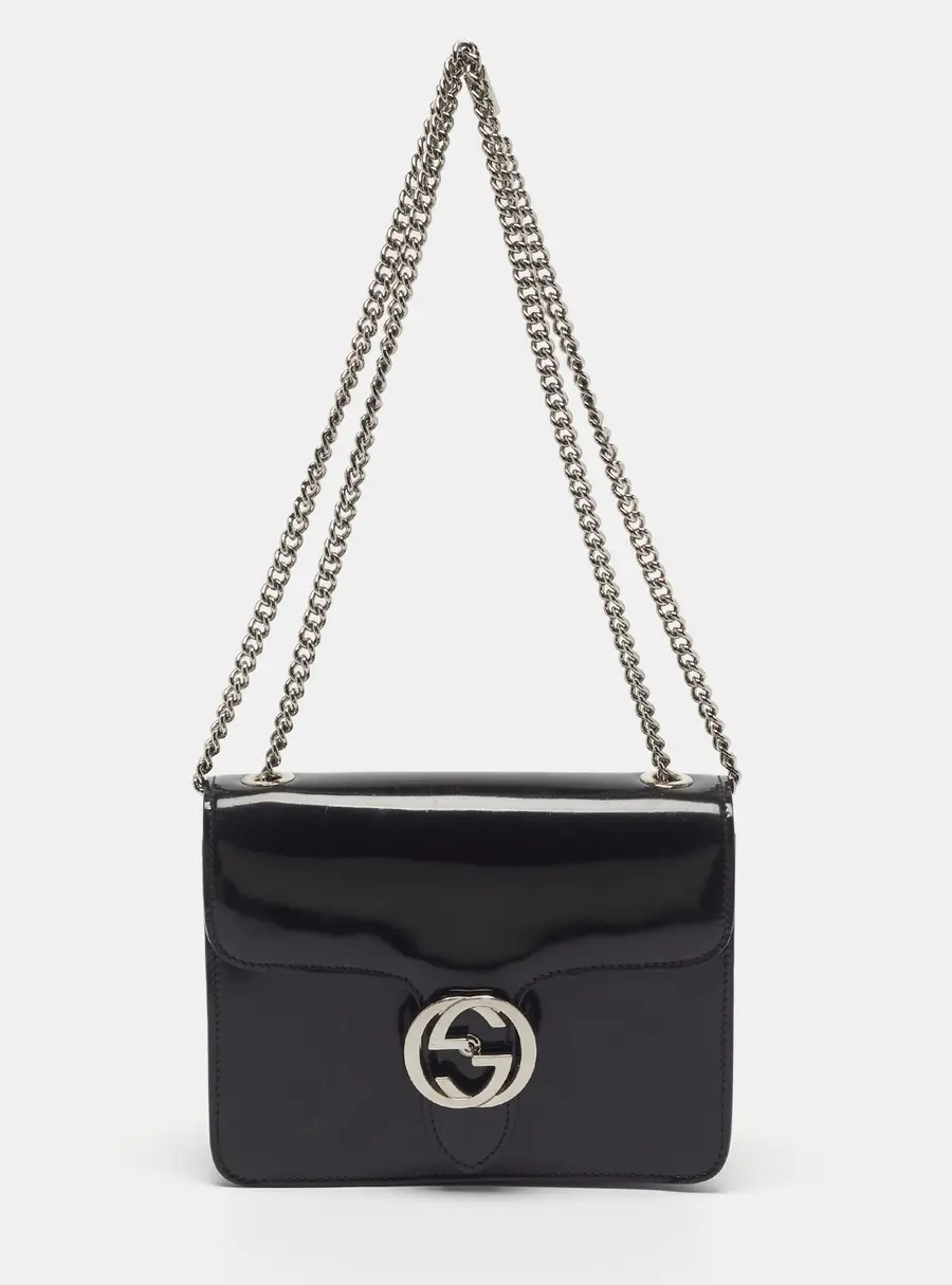 Gucci Dollar Interlocking G Black Glossy Leather Shoulder Bag