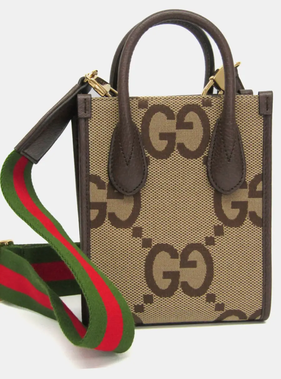 Gucci Jumbo GG Mini Beige Dark Brown Canvas Leather Top Handle Bag