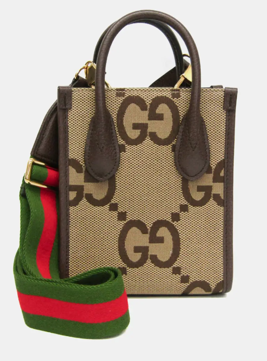 Gucci Jumbo GG Mini Camel Ebony Canvas Leather Web Top Handle Bag