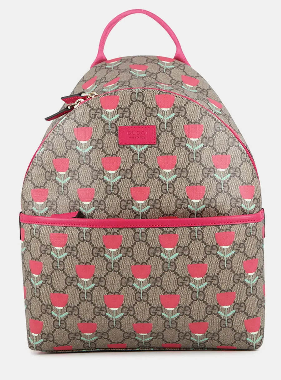 Gucci Children's Flower Print GG Supreme Canvas Leather Backpack Bag