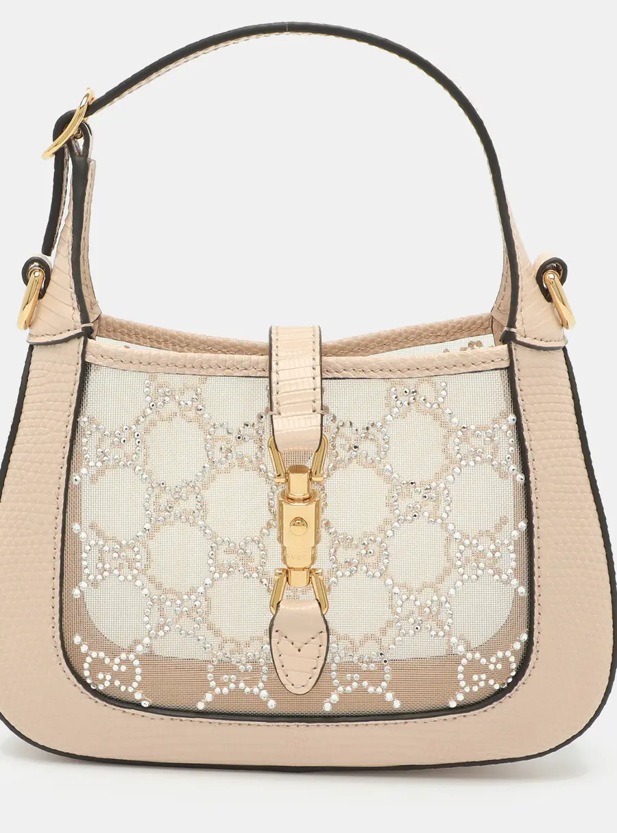 Gucci Jackie 1961 Mini Powder Pink Crystal GG Mesh and Lizard Shoulder Bag